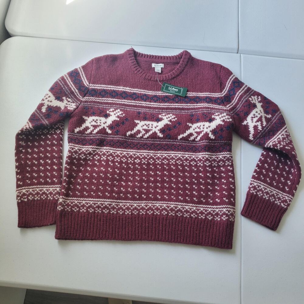 L.L. Bean Sweater Womens Petite XS Red Wool Crew Neck Deer Fair Isle Knit